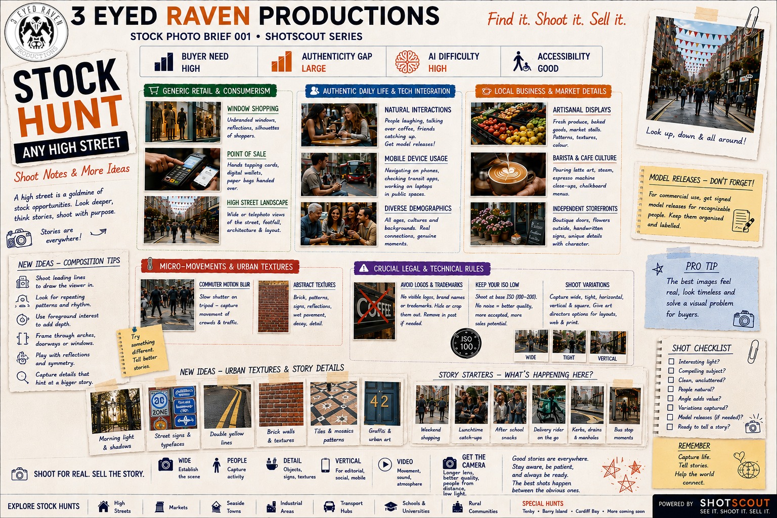 ShotScout Stock Hunt 001 Any High Street Observe field notes sheet created as part of 3 Eyed Raven Productions, ShotScout Research for its Ai Photography Tools ecosystem. 