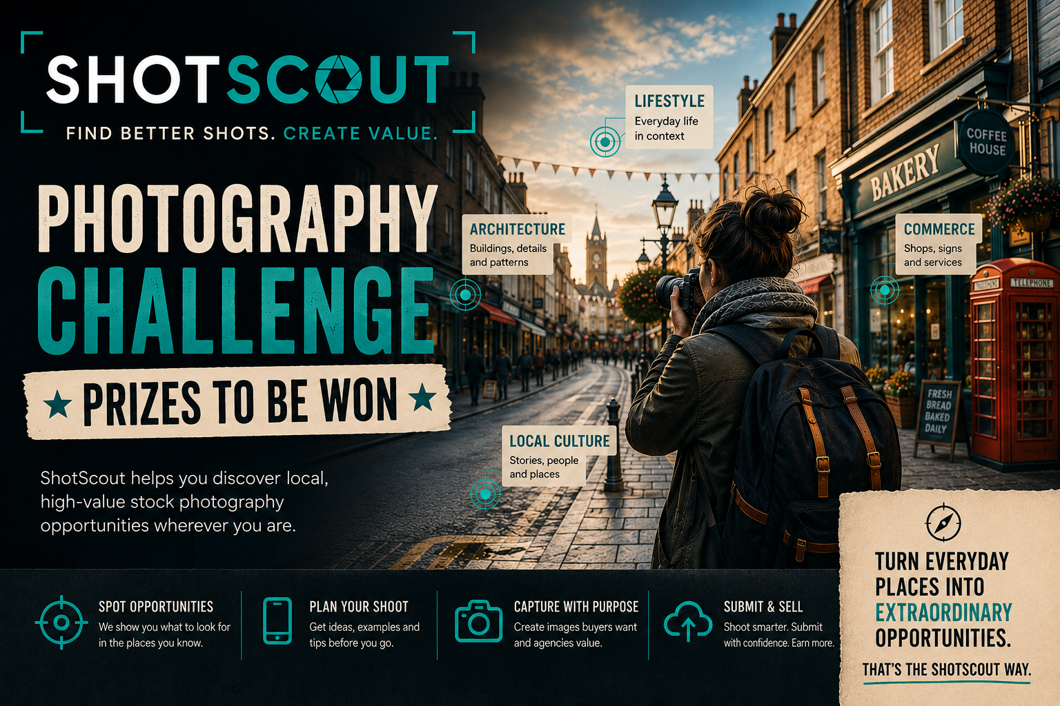 ShotScout Stock Hunt Challenge by 3 Eyed Raven Productions and AI Photography Tools, helping photographers discover and plan commercially useful stock photo opportunities