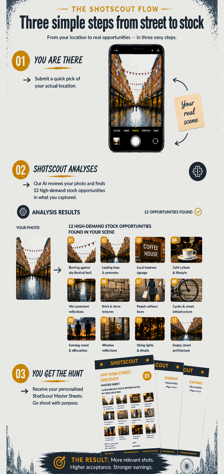 The ShotScout Flow showing how a photograph of your location is analysed to identify researched stock photography opportunities and create a personalised ShotScout brief